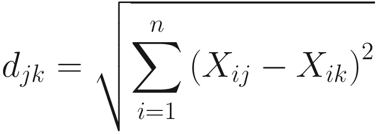 $$ {d}_{jk}=\sqrt{\sum \limits_{i=1}^n{\left({X}_{ij}-{X}_{ik}\right)}^2} $$