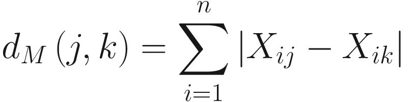 $$ {d}_M\left(j,k\right)=\sum \limits_{i=1}^n\left|{X}_{ij}-{X}_{ik}\right| $$