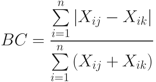 $$ BC=\frac{\sum \limits_{i=1}^n\left|{X}_{ij}-{X}_{ik}\right|}{\sum \limits_{i=1}^n\left({X}_{ij}+{X}_{ik}\right)} $$