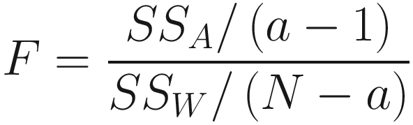 $$ F=\frac{S{S}_A/\left(a-1\right)}{S{S}_W/\left(N-a\right)} $$