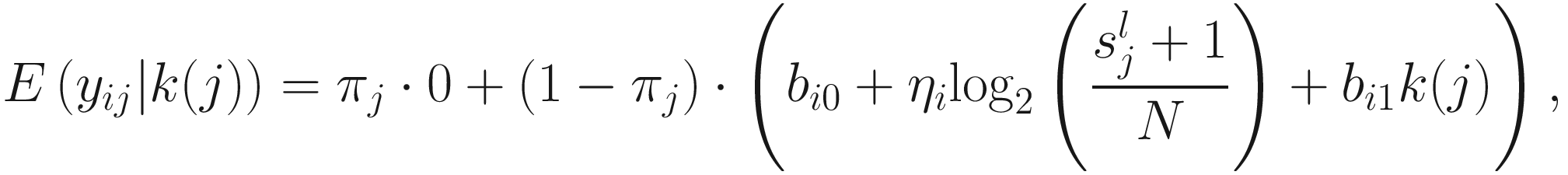 $$ E\left({y}_{ij}|k(j)\right)={\pi}_j\cdot 0+\left(1-{\pi}_j\right)\cdot \left({b}_{i0}+{\eta}_i{\log}_2\left(\frac{s_j^l+1}{N}\right)+{b}_{i1}k(j)\right), $$