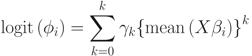 $$ \mathrm{logit}\left({\phi}_i\right)=\sum \limits_{k=0}^k{\gamma}_k{\left\{\mathrm{mean}\left(X{\beta}_i\right)\right\}}^k $$