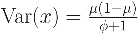 $$ \mathrm{Var}(x)=\frac{\mu \left(1-\mu \right)}{\phi +1} $$