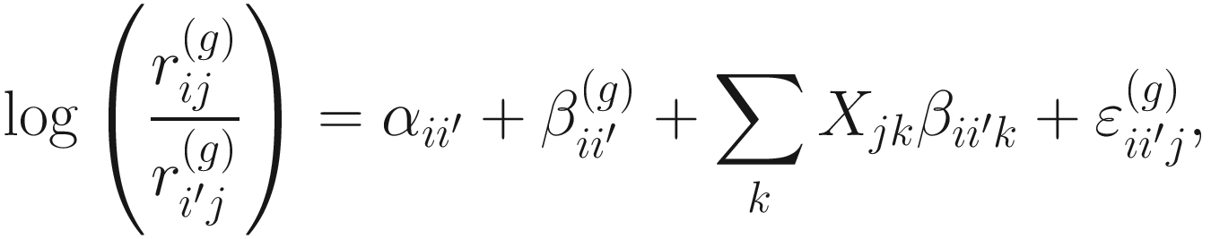 $$ \log \left(\frac{r_{ij}^{(g)}}{r_{i^{\prime }j}^{(g)}}\right)={\alpha}_{i{i}^{\prime }}+{\beta}_{i{i}^{\prime}}^{(g)}+\sum \limits_k{X}_{jk}{\beta}_{i{i}^{\prime }k}+{\varepsilon}_{i{i}^{\prime }j}^{(g)}, $$