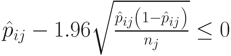 $$ {\hat{p}}_{ij}-1.96\sqrt{\frac{{\hat{p}}_{ij}\left(1-{\hat{p}}_{ij}\right)}{n_j}}\le 0 $$