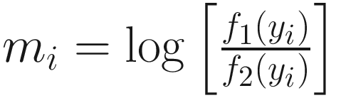 $$ {m}_i=\log \left[\frac{f_1\left({y}_i\right)}{f_2\left({y}_i\right)}\right] $$