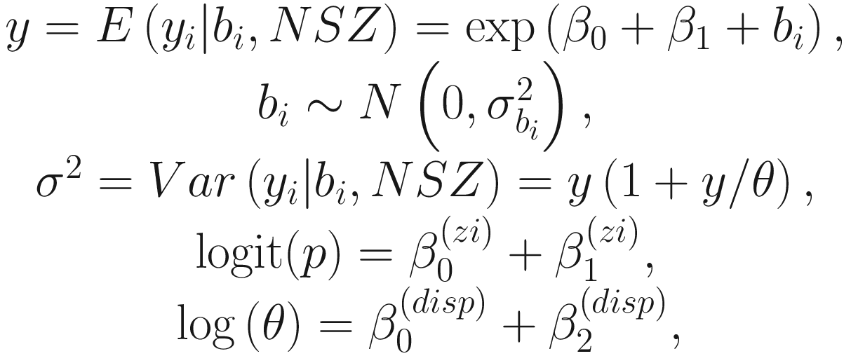 $$ {\displaystyle \begin{array}{c}y=E\left({y}_i|{b}_i, NSZ\right)=\exp \left({\beta}_0+{\beta}_1+{b}_i\right),\\ {}{b}_i\sim N\left(0,{\sigma}_{b_i}^2\right),\\ {}{\sigma}^2= Var\left({y}_i|{b}_i, NSZ\right)=y\left(1+y/\theta \right),\\ {}\mathrm{logit}(p)={\beta}_0^{(zi)}+{\beta}_1^{(zi)},\\ {}\log \left(\theta \right)={\beta}_0^{(disp)}+{\beta}_2^{(disp)},\end{array}} $$