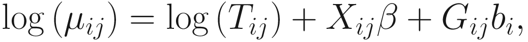 $$ \log \left({\mu}_{ij}\right)=\log \left({T}_{ij}\right)+{X}_{ij}\beta +{G}_{ij}{b}_i, $$