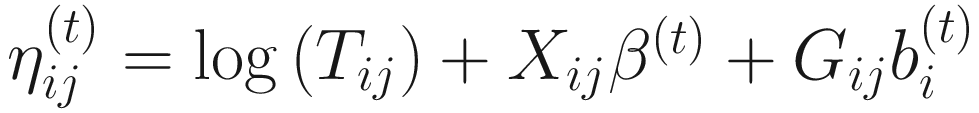$$ {\eta}_{ij}^{(t)}=\log \left({T}_{ij}\right)+{X}_{ij}{\beta}^{(t)}+{G}_{ij}{b}_i^{(t)} $$