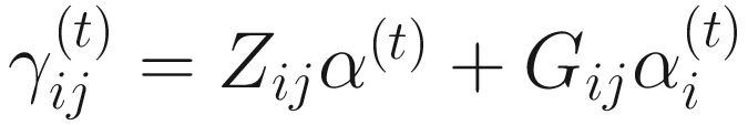 $$ {\gamma}_{ij}^{(t)}={Z}_{ij}{\alpha}^{(t)}+{G}_{ij}{\alpha}_i^{(t)} $$