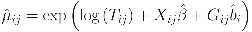 $$ {\hat{\mu}}_{ij}=\exp \left(\log \left({T}_{ij}\right)+{X}_{ij}\hat{\beta}+{G}_{ij}{\hat{b}}_i\right) $$