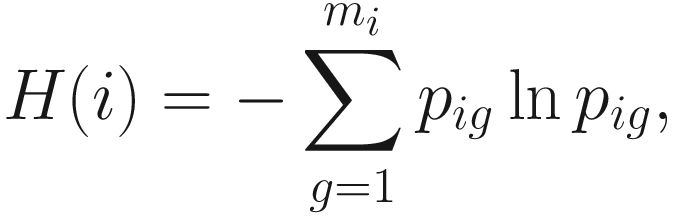 $$ H(i)=-\sum \limits_{g=1}^{m_i}{p}_{ig}\ln {p}_{ig}, $$