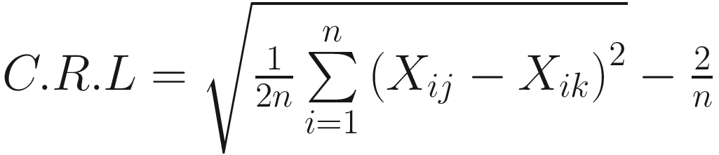 $$ C.R.L=\sqrt{\frac{1}{2n}\sum \limits_{i=1}^n{\left({X}_{ij}-{X}_{ik}\right)}^2}-\frac{2}{n} $$
