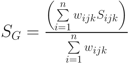 $$ {S}_G=\frac{\left(\sum \limits_{i=1}^n{w}_{ijk}{S}_{ijk}\right)}{\sum \limits_{i=1}^n{w}_{ijk}} $$