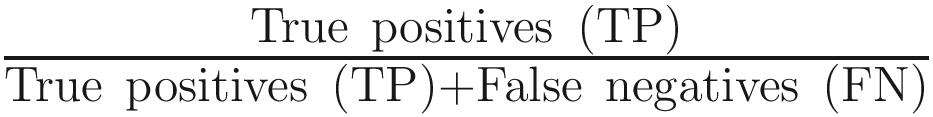 $$ \frac{\mathrm{True}\ \mathrm{positives}\ \left(\mathrm{TP}\right)}{\mathrm{True}\ \mathrm{positives}\ \left(\mathrm{TP}\right)+\mathrm{False}\ \mathrm{negatives}\ \left(\mathrm{FN}\right)} $$